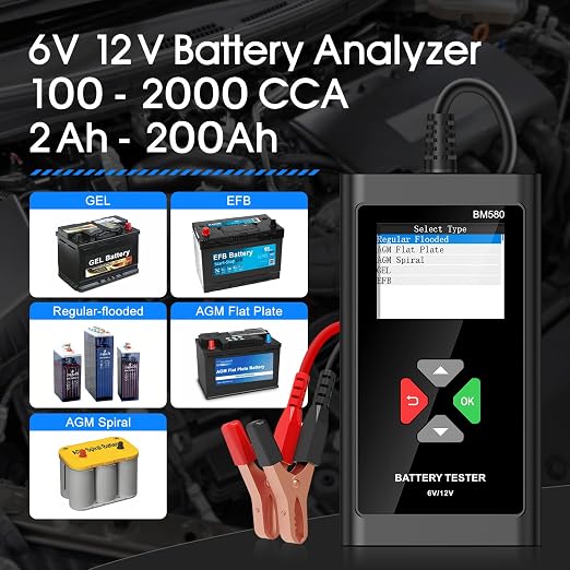 BM560 6V 12V Car Battery Tester, 100-2000 CCA Voltage Tester 2Ah-220Ah Digital Auto Battery Analyzer Internal Resistance Tester Automotive Alternator for Cars/Trucks/Motorcycles/Boats