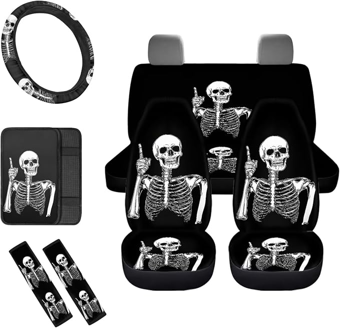 8 Pcs Finger Skull Car Seat Covers Full Set Car Accessories for Women Front Seat Cover Steering Wheel Armrest Cover Seat Belt Cover for Auto SUV Interior Decoration