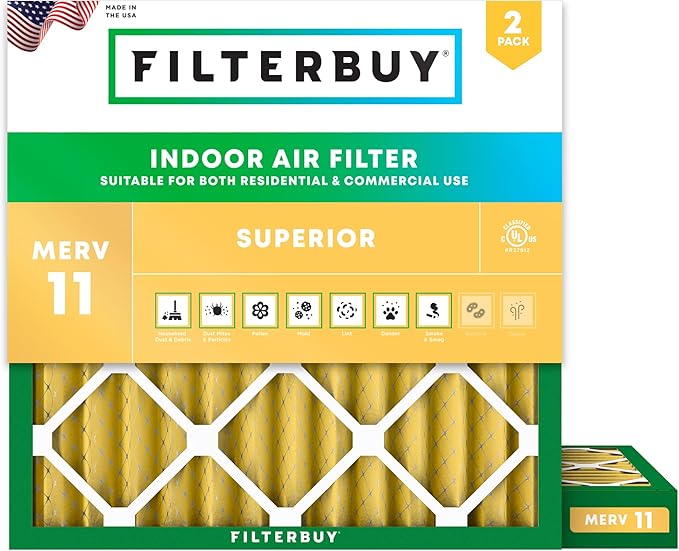 Filterbuy 23.5x23.5x2 Air Filter MERV 11 Superior Pet & Allergy Defense (2-Pack), Electrostatic Pleated HVAC AC Furnace Filters Replacement (Actual Size: 23.38 x 23.38 x 1.75)