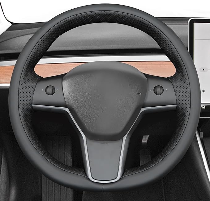 MEWANT Black Smooth Perforated Faux Leather Steering Wheel Cover for Tesla Model Y 2020-2023 Model 3 2017-2023