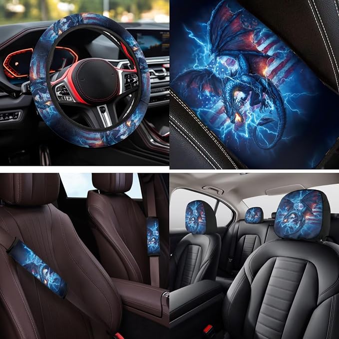 Bulopur Western Dragon Auto Seat Covers with Car Steering Wheel Cover Lightning American Flag Car Armrest Cushion Pads Headrest Covers Vehicle Seat Belt Covers Automotive Accessories for SUV Truck Van