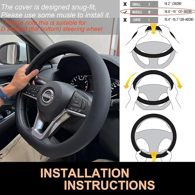 PINCTROT D Shaped Nappa Leather Steering Wheel Cover, Slim Fit No Bulk Design, One Piece Leather with Breathable Perforation, Fit Like Gloves, Flat Bottom 14.5-15 Inch(Nappa Black)