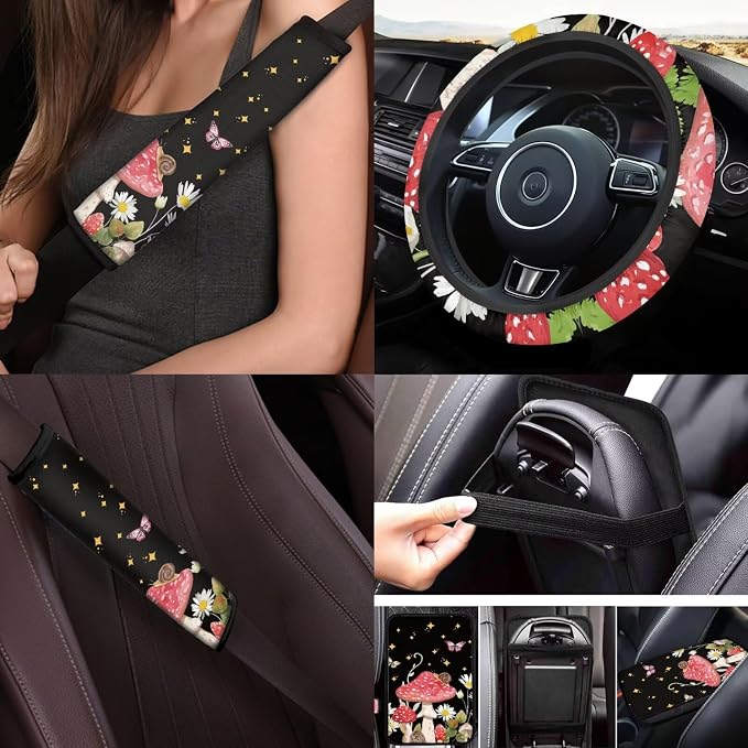 Butterfly Car Seat Covers Full Set of 17 Pcs Mushroom Car Accessories with Steering Wheel Auto Covers,Steering Wheel Car Covers,Seat Belt Pads,Armrest Pad,Butterfly Car Floor Mats Set of 4