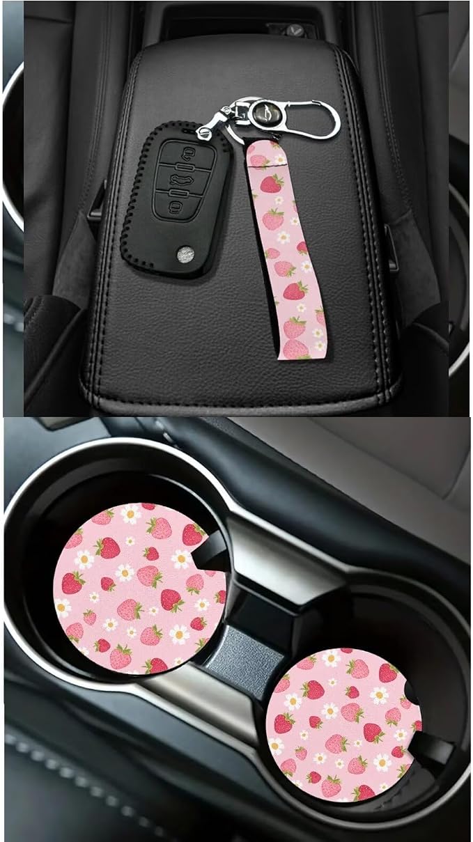 Dreaweet Pink Car Seat Covers Full Set for Women Cute Strawberry Car Accessories Steering Wheel Cover Seatbelt Covers Car Coasters Trash Can Vent Storage Holder Rear View Mirror Cover Keychain 15 Pcs