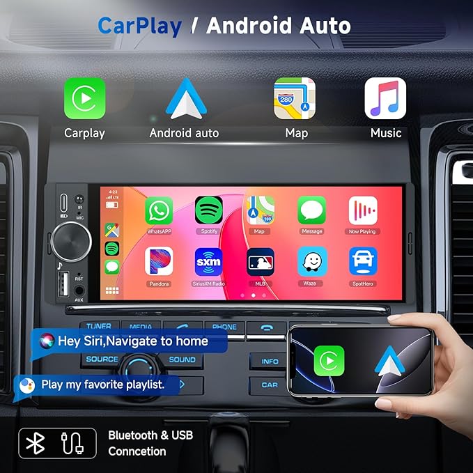 Upgrade Single Din Car Stereo, Wireless CarPlay Android Auto, 6.28'' Single DIn Touch Screen Car Radio with Backup Camera, Single Din Radio Supports Bluetooth 5.2, SWC, FM, USB, Type-C, Aux