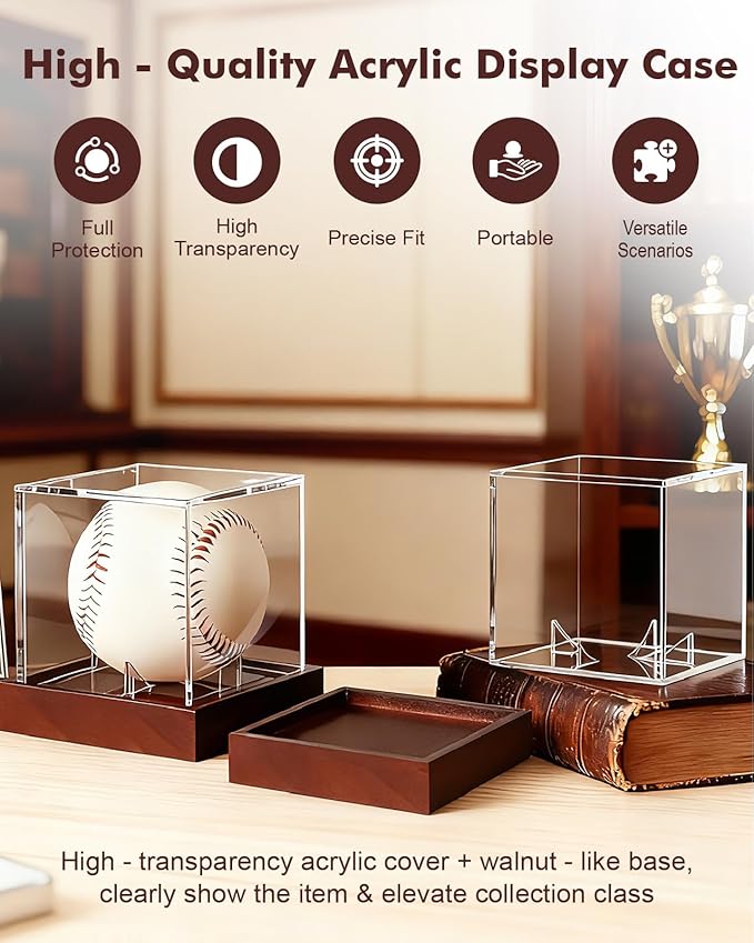 Fitense Clear Acrylic UV-Protected Sports Display Case with Solid Wood Base for Autographed Memorabilia, Baseball