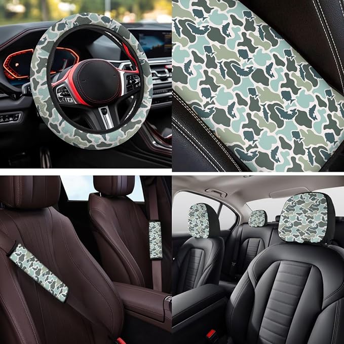 Bulopur Blue Fish Camo Auto Seat Covers with Car Steering Wheel Cover Car Armrest Cushion Pads Headrest Covers Vehicle Seat Belt Covers Automotive Accessories for SUV Truck Van