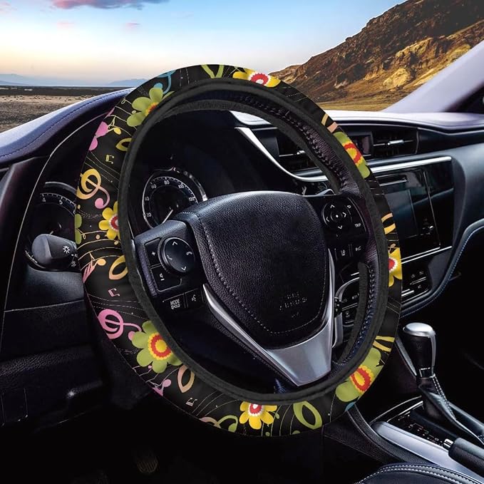 Music Note Car Accessories Rainbow Musical Auto Seat Covers for Front Back,Rainbow Boho Hippie Floral Car Steering Wheel Covers Keychains Safety Seatbelt Coasters Protection Set for Women