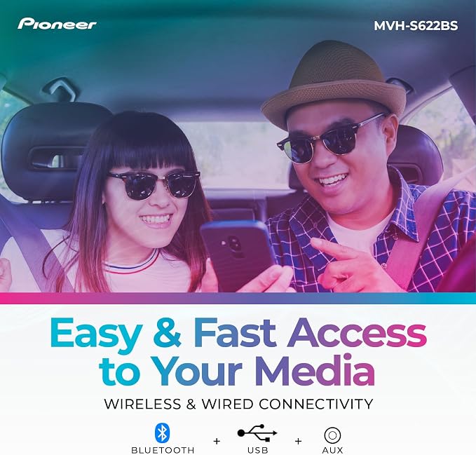 Pioneer MVH-S622BS Double Din Digital Media Receiver – Bluetooth, SiriusXM, Color Change, USB, FLAC, Voice Control, 50W x 4 Output, 13-Band EQ, AM/FM Radio, Hi-Volt RCA Preouts