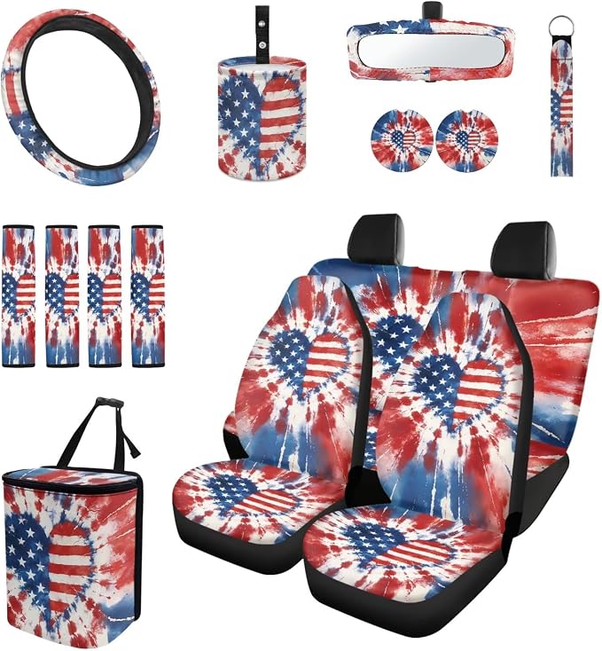 Tie Dye Heart Flag Auto Interior Accessories Car Seat Covers with Auto Steering Wheel Cover Seat Belt Covers Car Trash Can View Mirror Cover Coaster Keychains