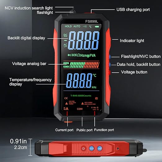 FS899L Digital Multimeter with Color Screen & Storage Case, USB C Rechargeable Electrical Testing, 6000 Counts True RMS AC/DC Voltage Tester, NCV, Capacitance, Non Voltage Detector