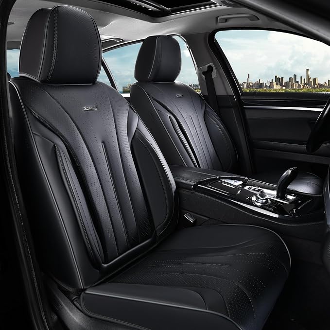 Coverado Car Seat Covers Front Seat, Breathable Nappa Leather Seat Cover, Black Seat Cover for Cars, Luxury Waterproof Car Seat Protector, Front Seat Cushion Universal Fit for Most Vehicles