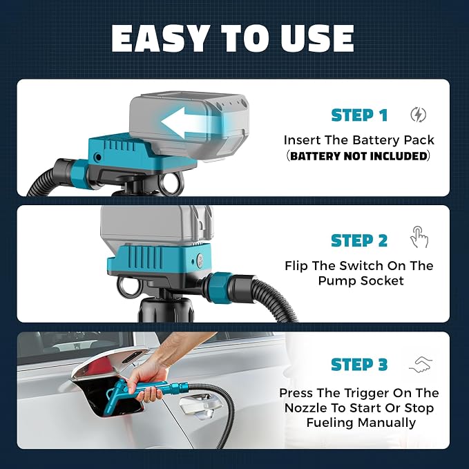 DIYtoolifz 5 GPM Cordless Fuel Transfer Pump Compatible with Makita 18V Batteries, Portable Gas Can Pump with 51" Hose, 5 Adapters, Gas Pump for Diesel, Gasoline (Bare Tool)
