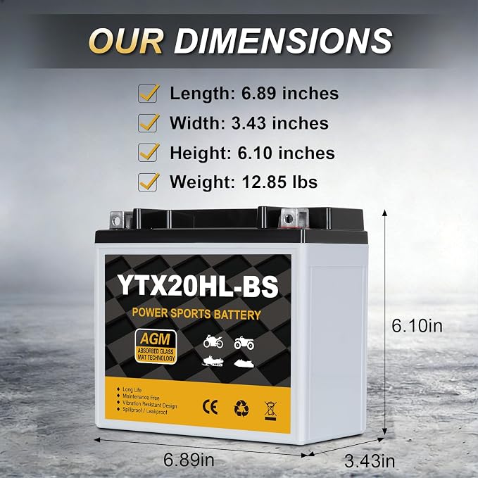 YTX20HL-BS Motorcycle Battery 12V 18Ah 310CCA, Maintenance Free Sealed AGM Powersport Battery, Replacement for ATV UTV Scooter, YTX20HL BS / ETX20L / GTX20HL-BS