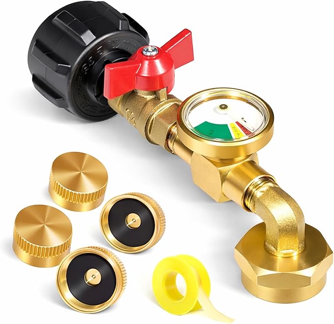 Propane Refill Adapter for 1lb. Tanks, Propane Refill Adapter for Refillable Propane Cylinder 1 lb, Propane Adapter 20lb to 1lb Converter, 90 Degree Elbow Design, with 4 Brass Caps