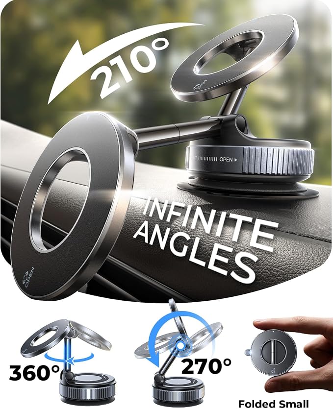 MRGLAS 2026 Upgraded 2-Pack for MagSafe Vacuum Car Phone Mount, 2800gf Strong Magnetic Phone Holders for Your Car, 360° Adjustable 98LBS Suction Cup Car Mount, for iPhone 12–17 Pro Max