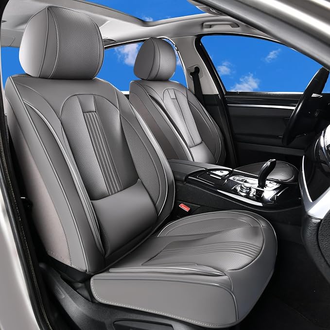 Huidasource Gray Front Seat Covers, Car Seat Covers Front Seats Nappa Leather with Lumbar Support, Side Elastic Fabric, Airbag, Ventilation ＆ Heating, Universal Fit for Most Vans Cars SUV Trucks, Gray