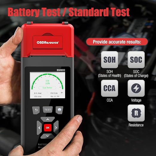 OBDResource Professional Car Battery Tester with Printer 6V 12V 24V 100-2000CCA Digital Battery Voltage Tester for Automotive Standard, Cranking, Charging & Load Test, BM800 Battery Load Tester