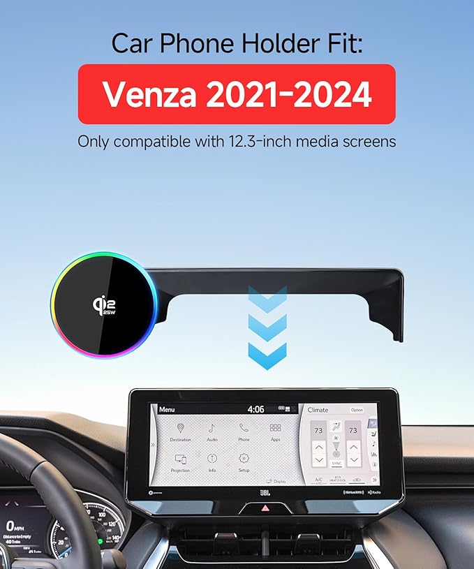 Qi2.2 Max 25W Fast Wireless Car Charger Phone Holder for 2021-2024 Toyota Venza 12.3-Inch Screen, Magnetic Phone Mount Compatible with MagSafe