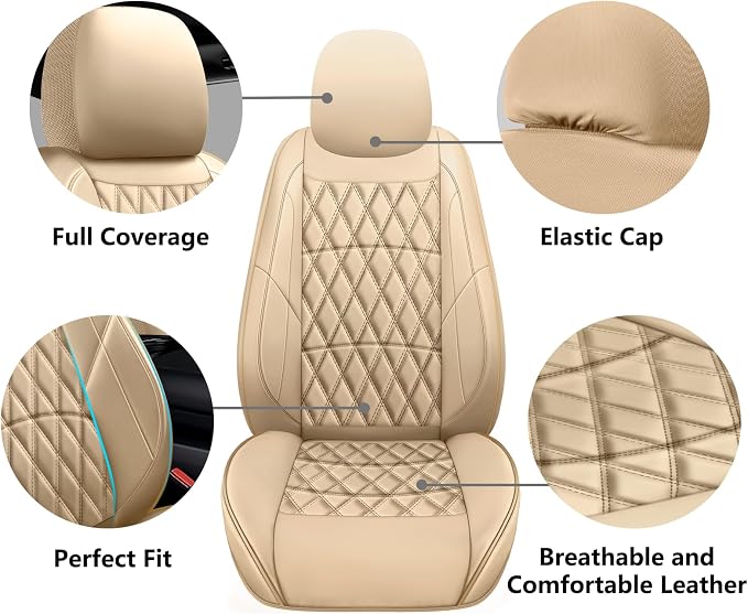 NS YOLO Leather Car Seat Covers,Universal Fit for Most Cars,SUVs and Sedans,Waterproof Luxury Leatherette Cushions, 2 Seats Protectors (Beige, Front Pair-2 Seats(Driver and Passenger))