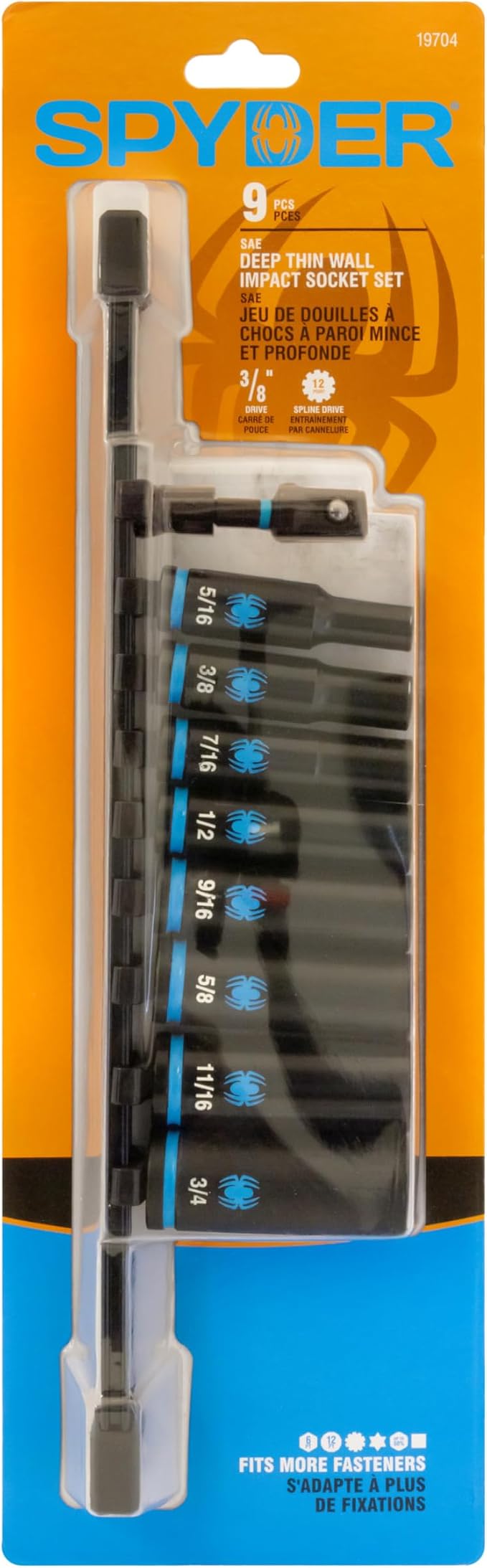 Spyder 9-Piece 3/8-Inch Drive Deep Thin-Walled SAE Impact Socket Set with Adapter (19704)