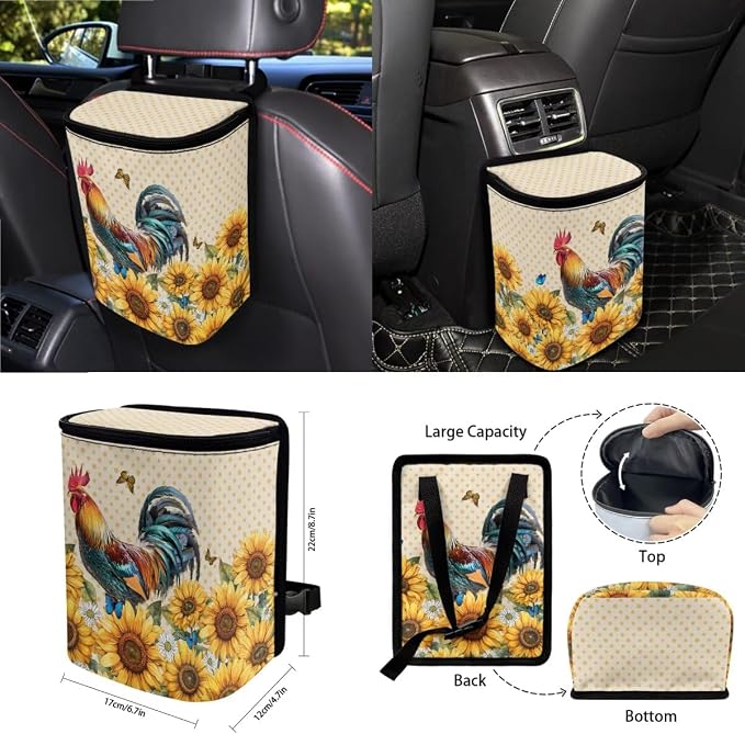 Chicken Butterfly Sunflower Dot Print 15 Pack Car Seat Covers Set Steering Wheel Cover Seat Belt Strap Pad Garbage Cans Air Vent Storage Holder Rearview Mirror Cover Coaster Keychain