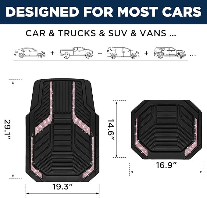 PIC AUTO Car Floor Mats, Pink Sparkly Crystal Bling Glitter Car Mats Set, Front and Rear Heavy Duty Rubber Car Mats with Anti-Slip Backing, All Weather, Trim-to-Fit for SUVs, Trucks, Sedan, Vans