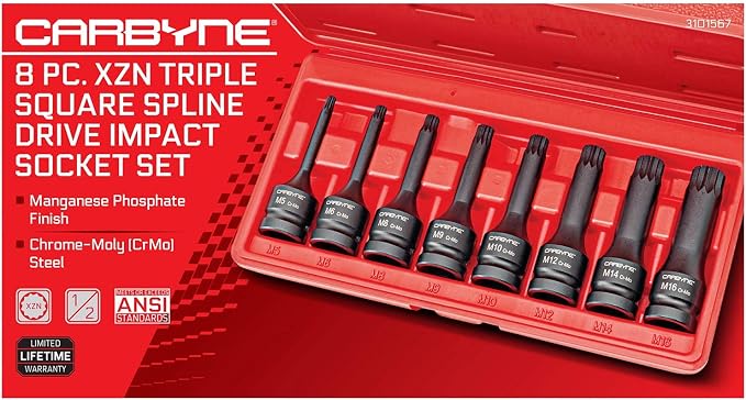 CARBYNE 8-Piece XZN Triple Square Impact Bit Socket Set, 12 Point, M5 to M16, 1/2 in. Drive, CrMo Steel, Manganese Phosphate Finish, for European Vehicles