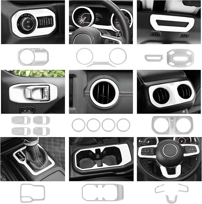 23PCS Full Set Interior Decor Trim Kits Fit for 2018-2023 Jeep Wrangler JL JLU & Gladiator JT 4Door Dashboard Cup Holder Headlight Switch Gear Shift Roof Speaker Map Light Inner Door Bowl Trim