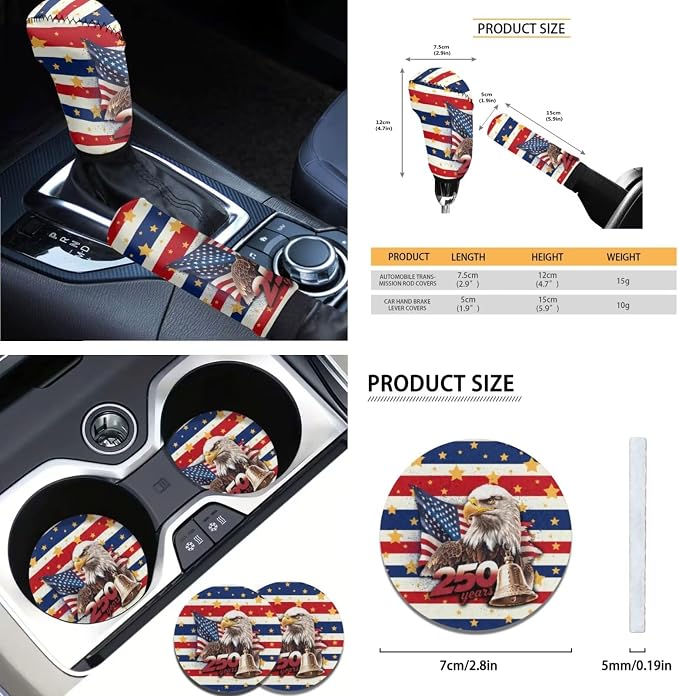AFPANQZ 250th Eagle Stripe 11 Pieces Auto Accessories Set with Seat Covers Full Set with Hand Brake Cover Gear Shift Knob Cover Seat Belt Pads Car Coaster Steering Wheel Cover