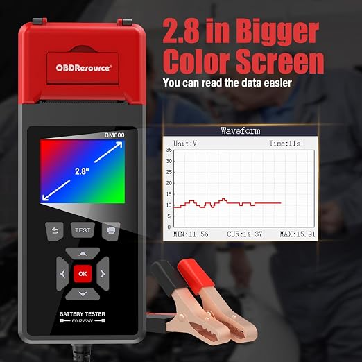 OBDResource Professional Car Battery Tester with Printer 6V 12V 24V 100-2000CCA Digital Battery Voltage Tester for Automotive Standard, Cranking, Charging & Load Test, BM800 Battery Load Tester