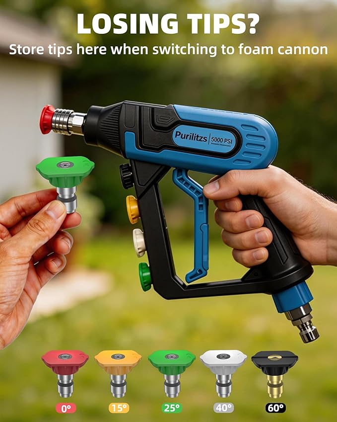 5000PSI Pressure Washer Gun 3/8'' Swivel Plug with Extension Wand, M22 Coupler & 5 Nozzle Tips, 40 inch, Power Washer Gun for Car Detailing Yard House Cleaning