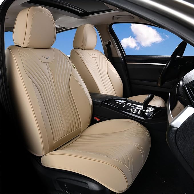 FLORICH Front Seat Cover Car Seat Covers for Front Seats Waterproof Leather Truck Seat Cushion Protector Universal Fit for Most Cars Trucks SUV, Beige