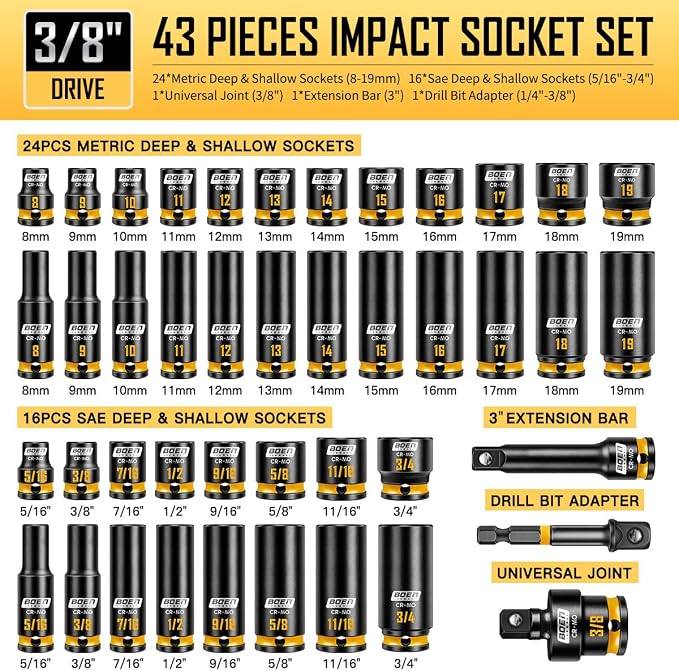 BOEN Pro 51PCS 3/8" Drive Impact Socket Set, 43-Piece SAE(5/16"-3/4") & Metric(8-19mm) set, 6-Point Deep & Shallow Kit, 1/4" 3/8" 1/2" 3/4" Drive Socket Adapter Set with Durable Case