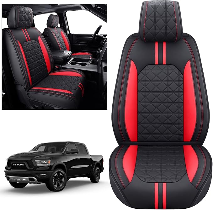 YIERTAI Seat Covers for Dodge RAM Custom Fit 2009-2025 2026 1500/2500/3500HD Big Long Horn Rebel Laramie Tradesman Crew Double Cab Quad Cab Truck Seat Protectors(2 PCS Front only/Black-Red)