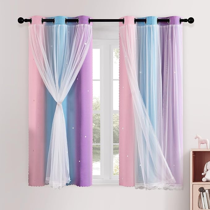 XiDi Blackout Curtains for Girls Bedroom Double Layer with Sheer Overlay Princess Rainbow Curtains for Kids Room Decor Pink Purple Star Short Window Living Room (42x54 Inches, 2 Panels)