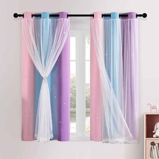 XiDi Blackout Curtains for Girls Bedroom Double Layer with Sheer Overlay Princess Rainbow Curtains for Kids Room Decor Pink Purple Star Short Window Living Room (42x54 Inches, 2 Panels)