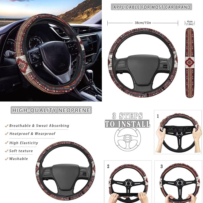 Wanyint Car Seat Cover Full Set 11 Pack, with Steering Wheel Gear Shift Knob Handbrake Headrest Protector Coasters Auto Accessories Decor Universal Fit, Ethnic Tribal Aztec Red