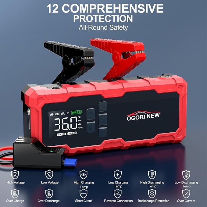8000A Jump Starter with Air Compressor, 26800mAh 150PSI Portable Car Battery Jump Starter (All Gas/16L Diesel), 12V Supersafe Jump Box Car Battery Booster with Jumper Cables, Lights, Cigarette Lighter
