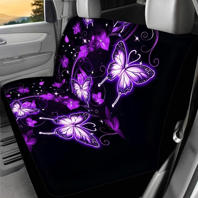 Purple Butterfly Car Seat Covers Full Sets of 18 Pieces Butterfly Car Interior Accessories Set with Soft Car Seat Belt Pads Cover Car Headrest Covers Steering Wheel Wrap,Universal Fit
