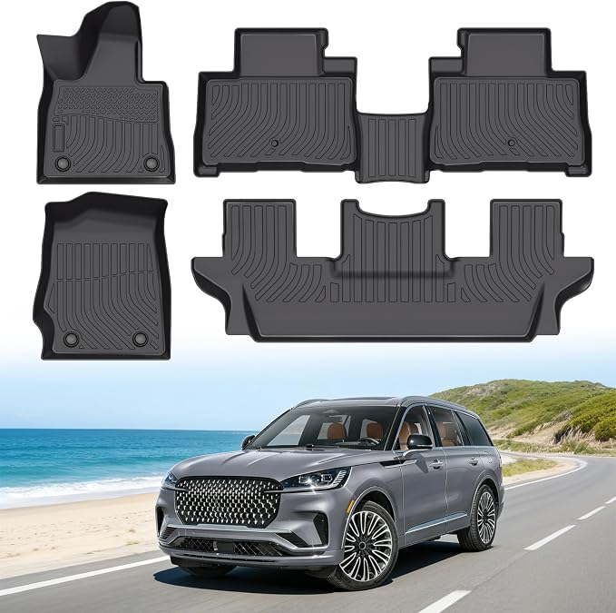 Floor Mats for Lincoln Aviator 6 Passenger 2020-2025 (Not Fit for 7-Seat), Custom Fit Heavy Duty TPE All Weather Protection, Waterproof Non-Slip Black Car Liners (Three-Row Floor Mats)