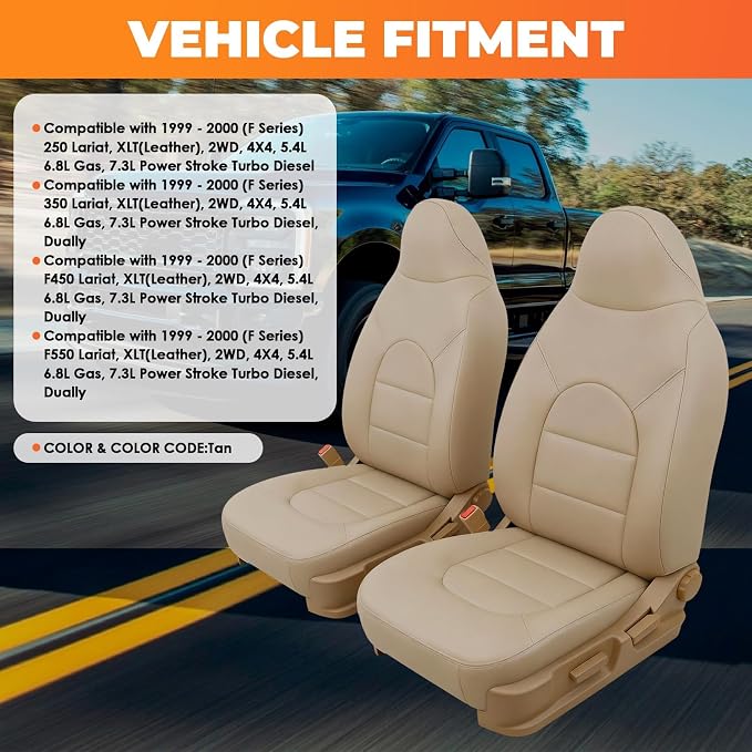 4 PCS Tan Leather Passenger Driver Side Bottom and Top Lean Back Seat Covers Compatible with (Fit F Series) 250 350 450 550 1999 2000
