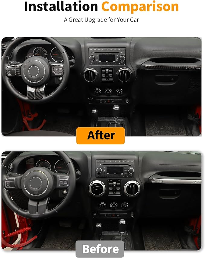 Hoolcar Steering Wheel Cover Gear Shift Panel Trim Cover Water Cup Holder Cover Kit Interior Accessories Kit Fit for Jeep Wrangler JK JKU 2011-2018, 4-Door, Carbon Fiber
