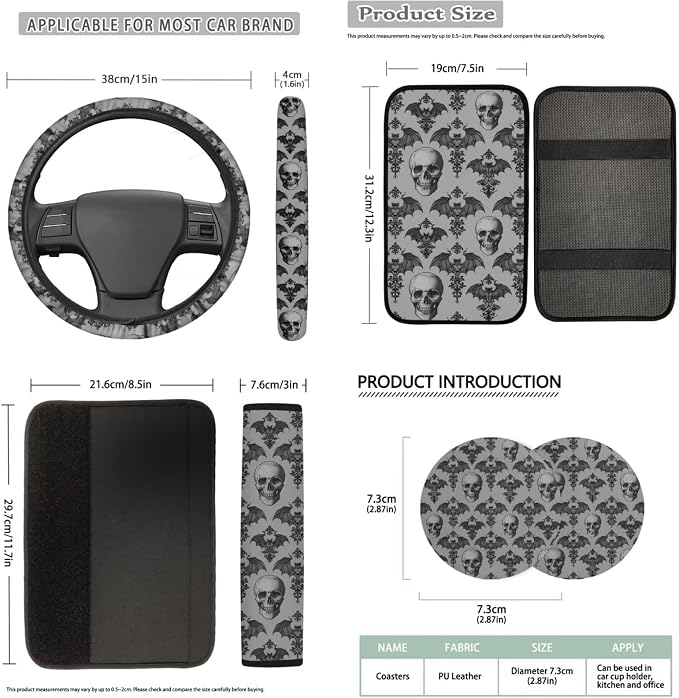 Bulopur Gothic Skull Bat Print Car Seat Covers Front and Backseat with Steering Wheel Cover Vehicle Armrest Cover Seat Headrest Covers Keychain Auto Interior Accessories Set 14 Pieces