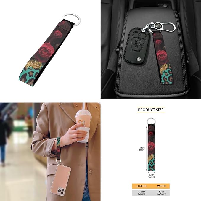 Rose Leopard Pattern Car Accessories Sets 10 Pack Elastic Front Rear Bench Bucket Seat Cover Steering Wheel Cover Car Trash Can Auto Air Vent Storage Coaster and Keychain