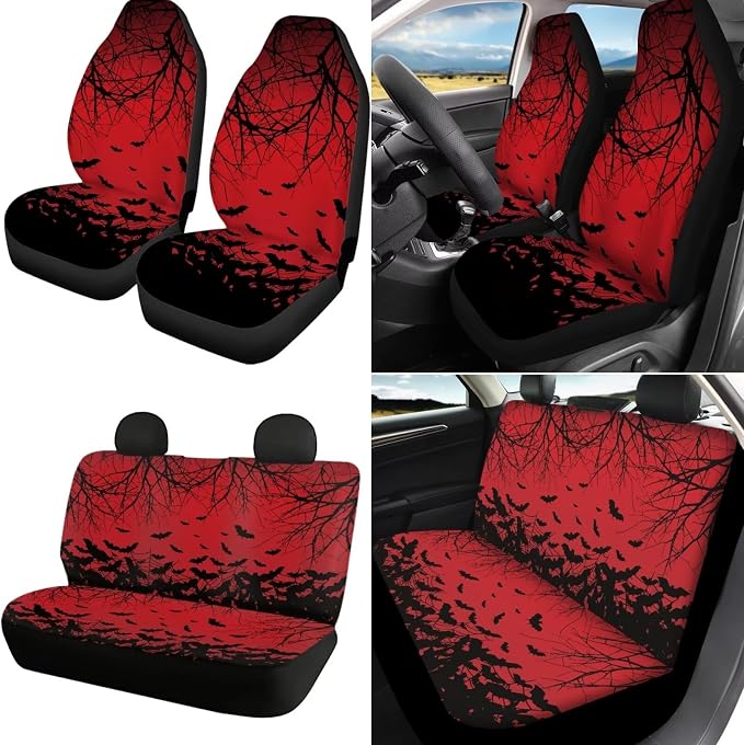 18Pcs Bat Car Seat Covers Full Set Center Console Cover+Steering Wheel Protector+Seat Belt Cover+Handbrake Protector+Car Cup Mats+Keychain+Headrest Cover Gothic Red Car Accessories
