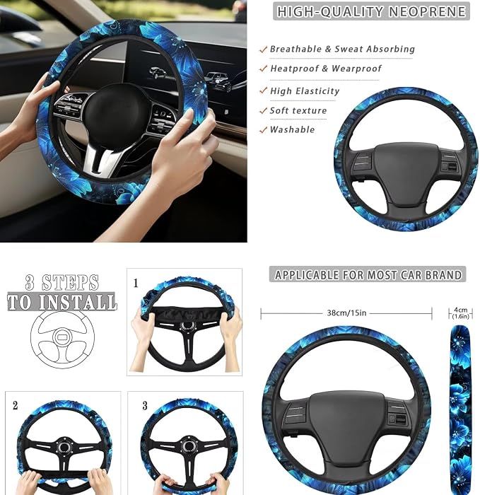Heart Floral Dolphin Car Seat Covers Full Set 8 Pcs Car Accessories for Women Front Seat Cover Steering Wheel Armrest Cover Seat Belt Cover for Auto SUV Interior Decoration