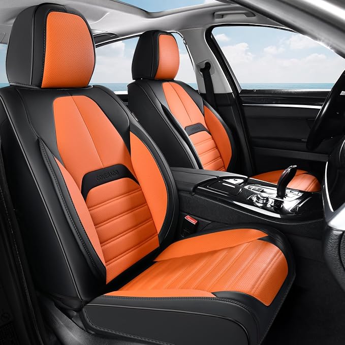 Coverado Car Seat Covers Full Set, Seat Covers for Cars, Automotive Seat Covers, Waterproof Nappa Leather Front Seats and Back Car Seat Protector, Universal Fit for Most Cars SUV Trucks,Black&Orange