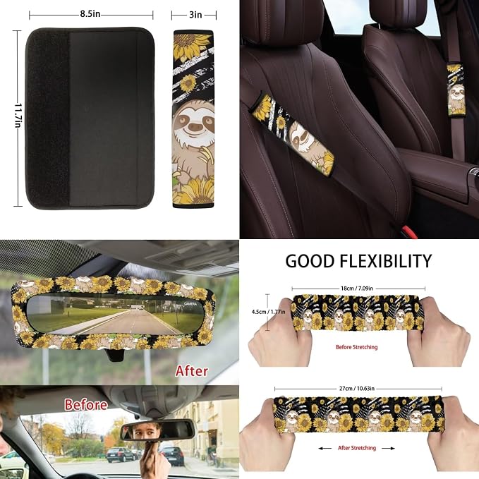 Suobstales Sloth Sunflower American Flag Print Car Accessories Set of 13, Car Front & Rear Seat Covers with Steering Wheel Cover, Seat Belt Pad, Trash Can, Rearview Mirror Cover, Coaster, Keychains