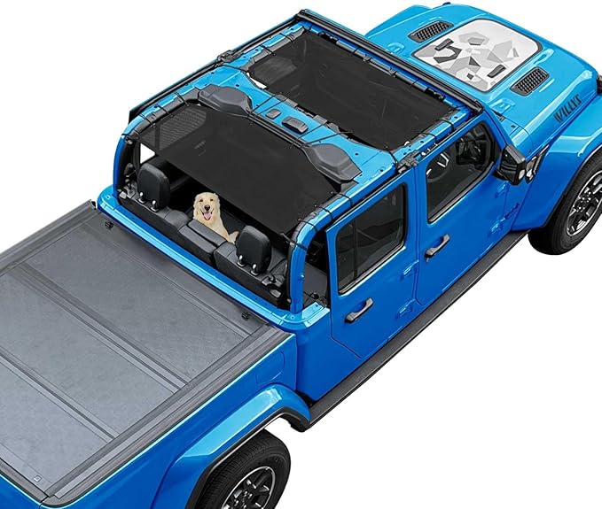 JT Top Sun Shade Roof Compatible with Jeep Gladiator 4 Door 2018 to 2023 Sunshade Sunroof Bikini Cover Blocks UV Wind Noise Black Mesh for Front and Rear 2 pcs